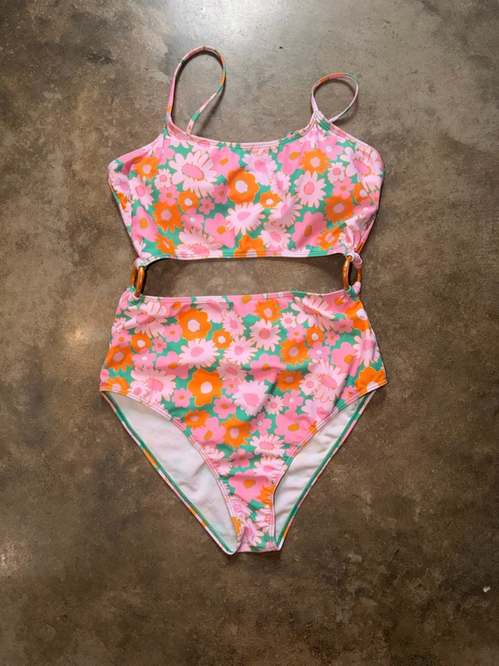 Pink Lily Pink & Orange Floral Cutout One-Piece Swimsuit - Size L